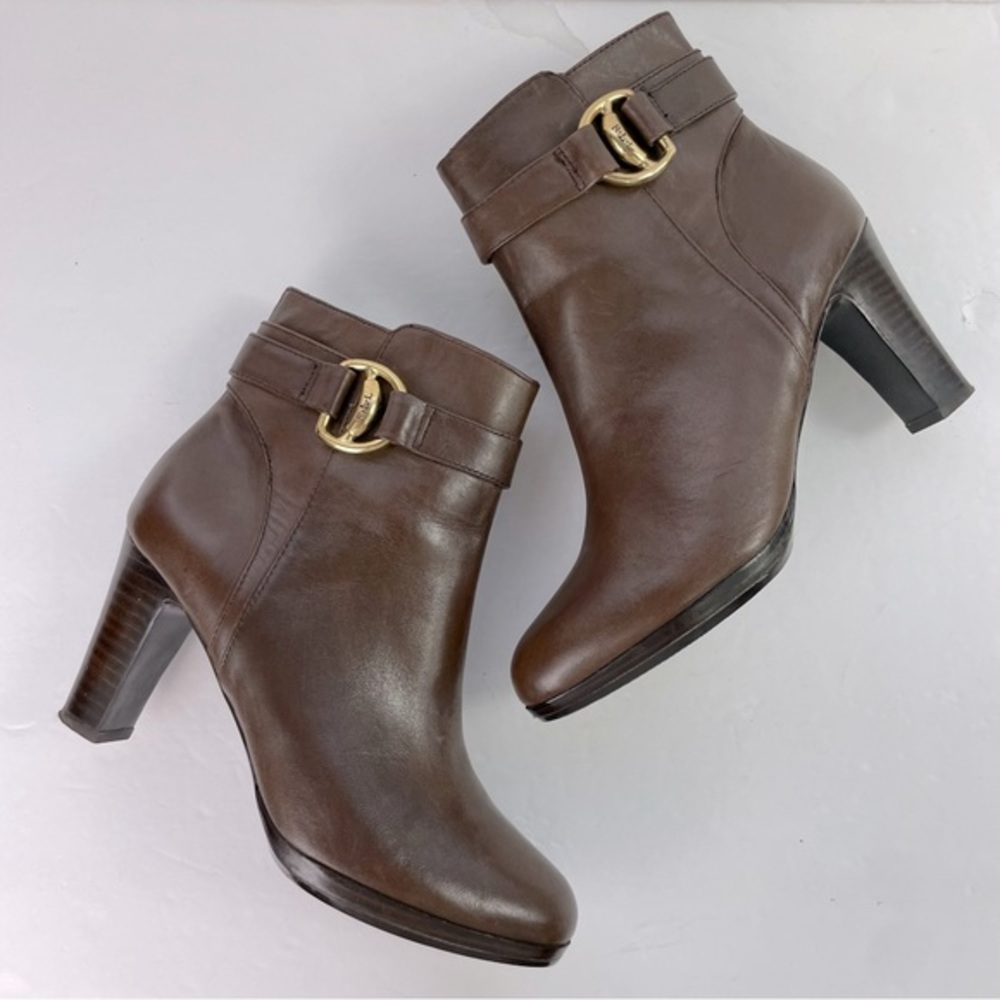 Lauren‎ Ralph Lauren Brown Leather Belted Mandy Boots Stacked Heel